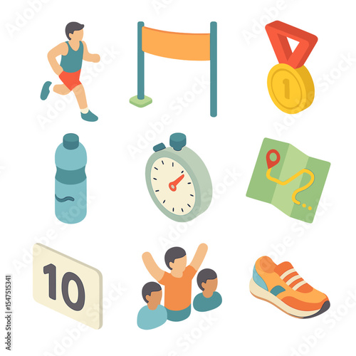 New Year Sporting Icons. Isometric Flat icon set of New Year’s Day sporting events: marathon runner, starting line banner, finish