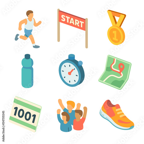 New Year Sporting Icons. Isometric Flat icon set of New Year’s Day sporting events: marathon runner, starting line banner, finish