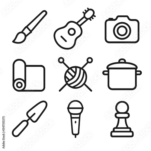 New Hobby Icons. Outline icon set of new hobby start: paintbrush, guitar, camera, yoga mat, knitting needles, cooking pot,