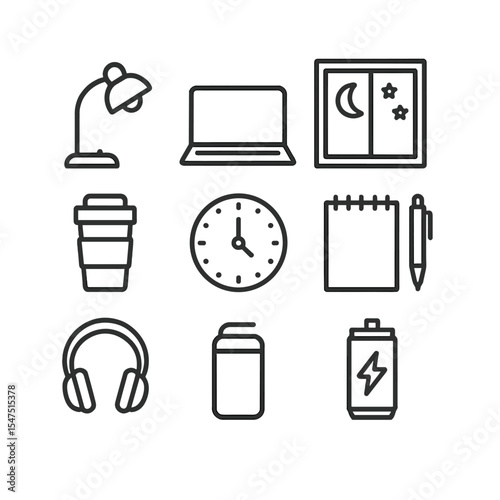 Night Shift Essentials. Outline icon set of night shift desk scene: desk lamp, laptop, coffee thermos, dark window, clock showing