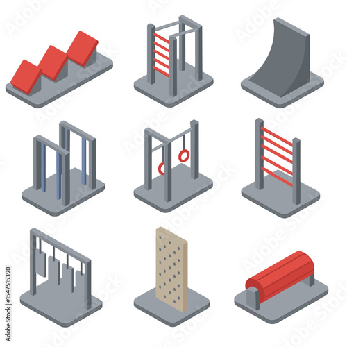 Ninja Warrior Obstacle Icons. Isometric Flat icon set of ninja warrior obstacles: quintuple steps, salmon ladder, warped wall,
