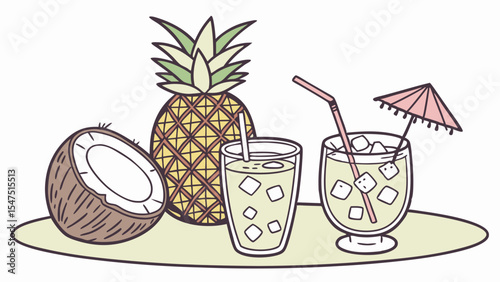 Refreshing tropical drinks with pineapple, coconut, and ice. Summer vacation still life.