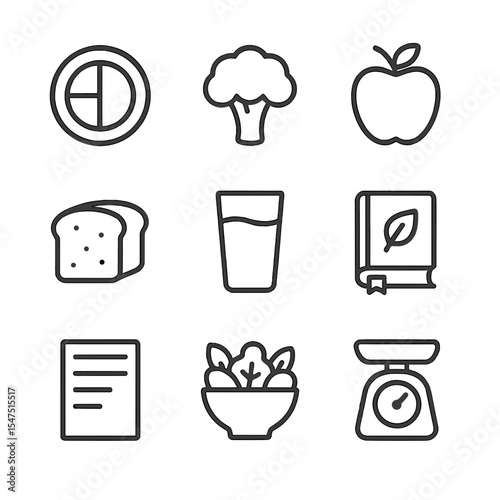 Nutritional Planning Icons. Outline icon set of nutritional planning: meal plate, broccoli, apple, whole grain bread, water glass,