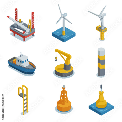 Offshore Wind Icon Set. Isometric Flat icon set of offshore wind turbine blades: jack-up vessel, monopile foundation, service