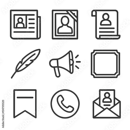 Obituary Icon Set. Outline icon set of obituary and memorial announcements: newspaper clipping, portrait frame, obituary scroll,