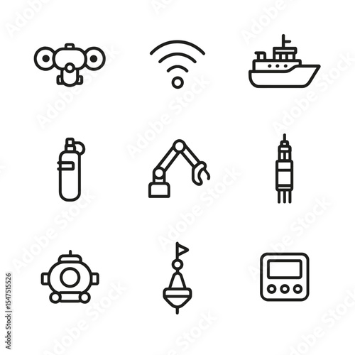Ocean Research Icons. Outline icon set of ocean research tools: underwater drone, sonar ping, research vessel, sampling bottle,