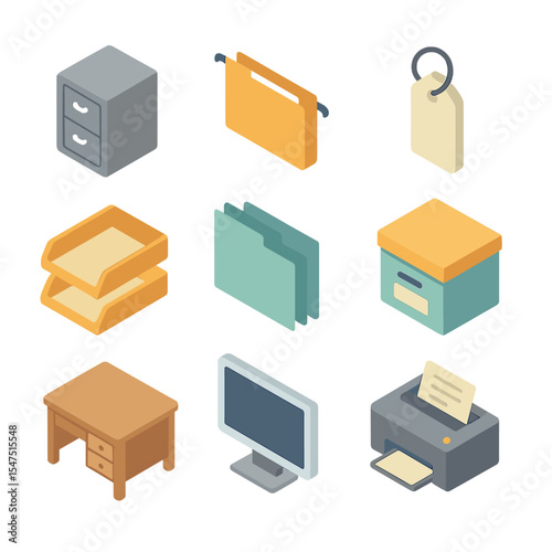Office Icon Collection. Isometric Flat icon set of office filing system hierarchy: filing cabinet, hanging folder, label tag,