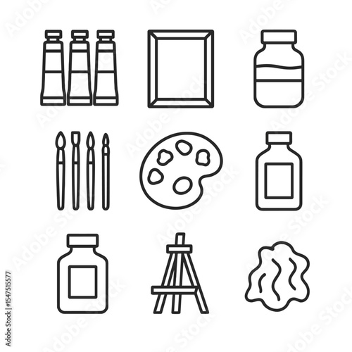 Oil Painting Essentials. Outline icon set of oil painting arrangement: oil paint tubes, primed canvas, turpentine jar, brush set,