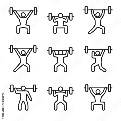 Olympic Lifting Icons. Outline icon set of Olympic weightlifting moves: snatch, clean, jerk, split jerk, power snatch, power clean