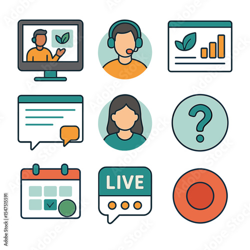 Online Wellness Webinars Icons. Isometric Flat icon set of online wellness webinars: webinar screen, presenter avatar, slides