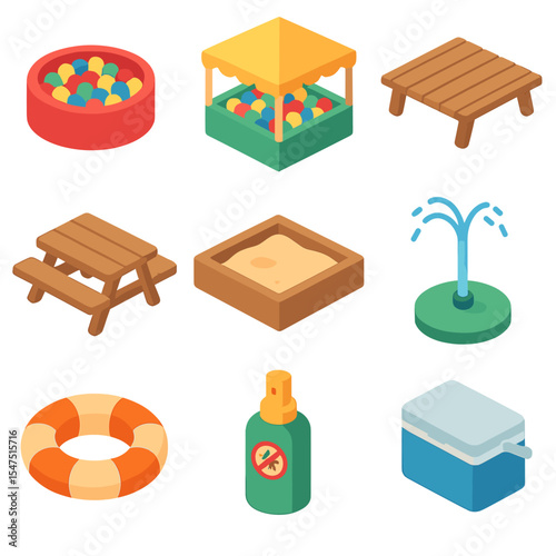 Outdoor Ball Pit Icons. Isometric Flat icon set of outdoor ball pits: beach ball pit, sunshade canopy, wooden deck, picnic table,