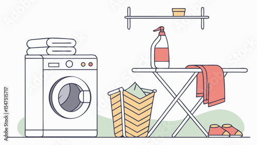 Laundry room with washing machine, basket, ironing board, detergent, towels. Household chores concept.