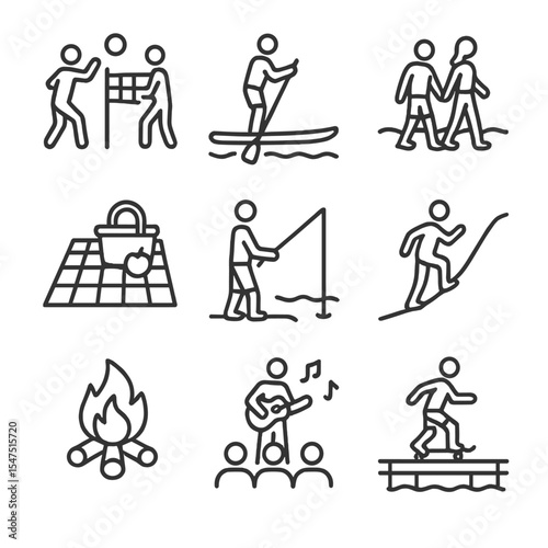 Outdoor Icons in Flip-Flops. Outline icon set of outdoor activities in flip-flops: beach volleyball, paddleboarding, seaside