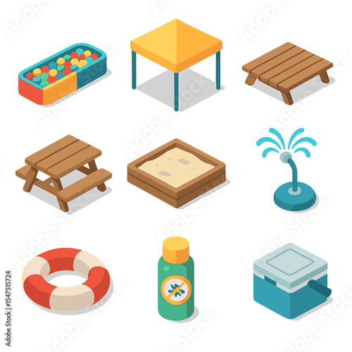 Outdoor Ball Pit Icons. Isometric Flat icon set of outdoor ball pits: beach ball pit, sunshade canopy, wooden deck, picnic table,