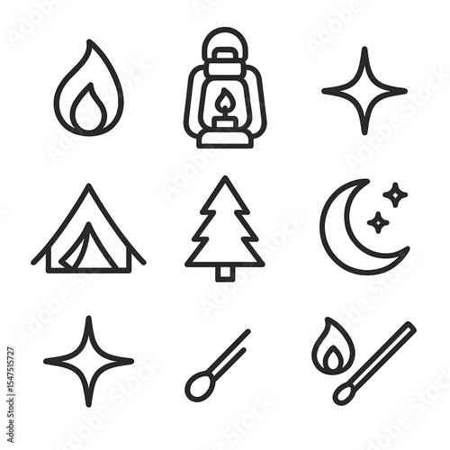 Outdoor Lantern Icons. Outline icon set of outdoor lantern candle: candle flame, lantern frame, glass pane, metal handle, camping