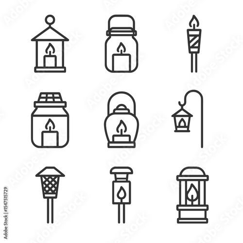 Outdoor Lantern Icon Set. Outline icon set of outdoor lanterns: hanging lantern, mason jar candle, tiki torch, solar lantern,