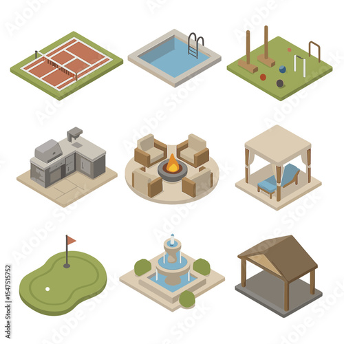 Outdoor Leisure Amenities Icons. Isometric Flat icon set of outdoor leisure amenities: tennis court, swimming pool, croquet lawn,