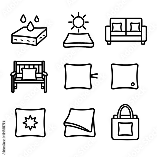 Outdoor Pillow Icons. Outline icon set of outdoor decorative pillows: waterproof fabric, UV resistant cover, patio sofa, garden
