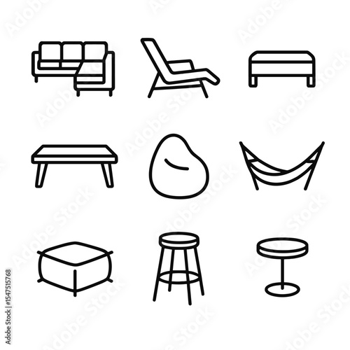Outdoor Seating Icons. Outline icon set of outdoor seating and lounge: sectional sofa, lounge chair, ottoman, coffee table, bean