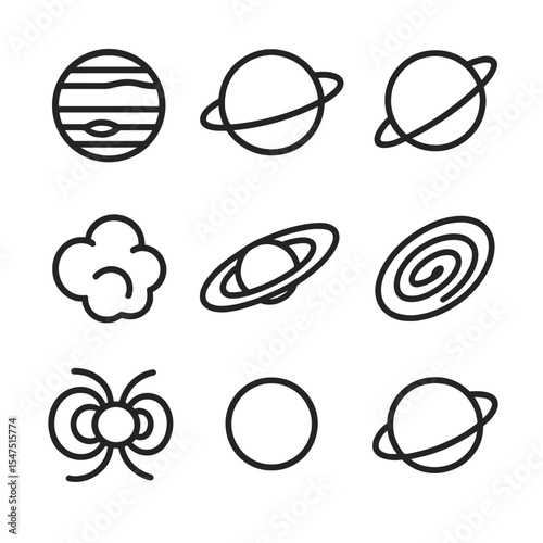 Outer Planets Icons. Outline icon set of outer planets: Jupiter, Saturn, Uranus, Neptune, gas cloud, ring system, Great Red Spot,