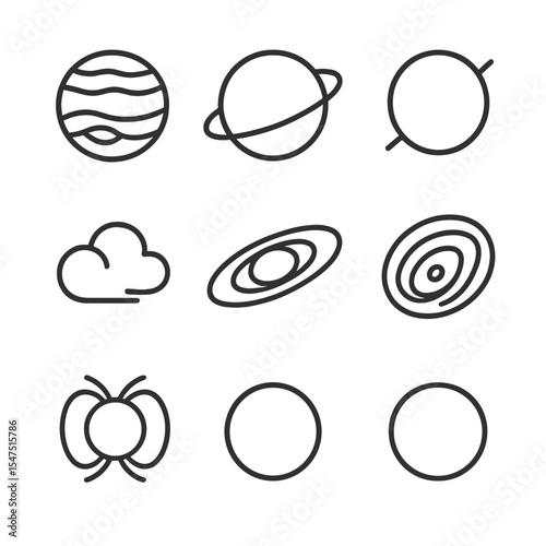 Outer Planets Icons. Outline icon set of outer planets: Jupiter, Saturn, Uranus, Neptune, gas cloud, ring system, Great Red Spot,