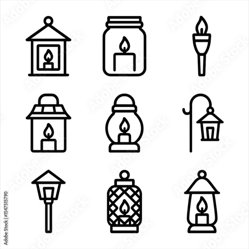 Outdoor Lantern Icon Set. Outline icon set of outdoor lanterns: hanging lantern, mason jar candle, tiki torch, solar lantern,