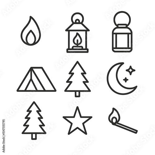 Outdoor Lantern Icons. Outline icon set of outdoor lantern candle: candle flame, lantern frame, glass pane, metal handle, camping