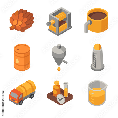 Palm Oil Production Icons. Isometric Flat icon set of palm oil production: fruit bunch cluster, mill press, extraction vat, oil