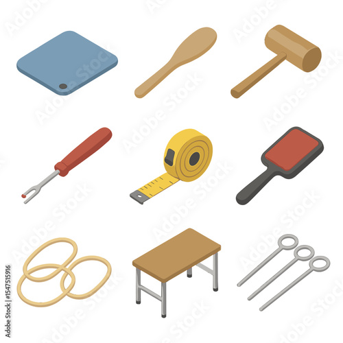 Parachute Tool Icons. Isometric Flat icon set of parachute packing tools: packing mat, packing paddle, mallet, seam ripper,