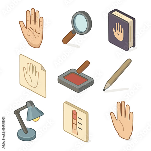 Palmistry Icon Collection. Isometric Flat icon set of palmistry instruments: palmistry hand chart, magnifying glass, chiromancy