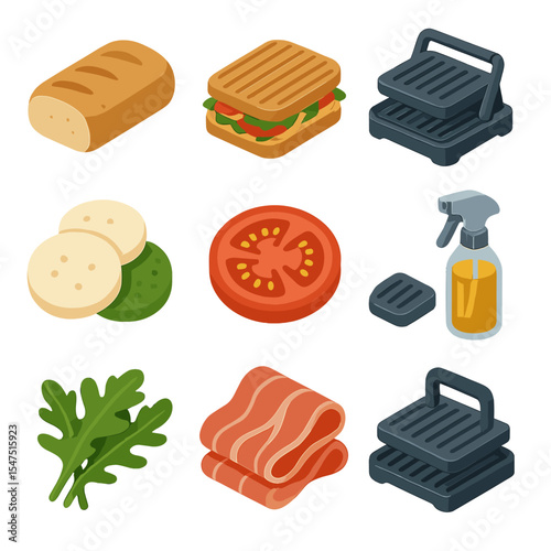 Panini Icons Collection. Isometric Flat icon set of panini types: ciabatta loaf, pressed grill, mozzarella, pesto, tomato, arugula