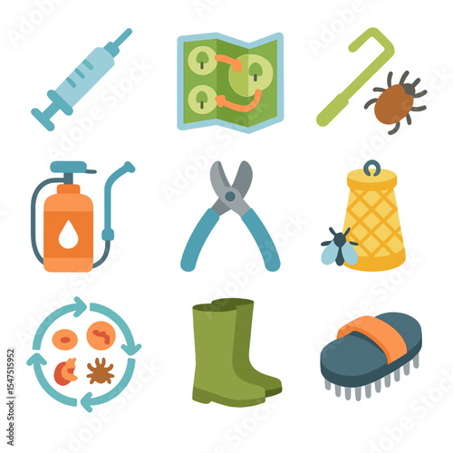 Parasite Control Icons. Isometric Flat icon set of parasite control measures: dewormer syringe, pasture rotation map, tick removal