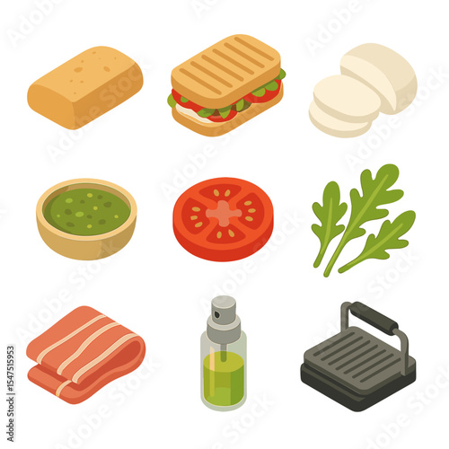 Panini Icons Collection. Isometric Flat icon set of panini types: ciabatta loaf, pressed grill, mozzarella, pesto, tomato, arugula
