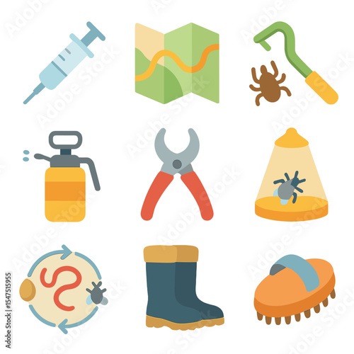 Parasite Control Icons. Isometric Flat icon set of parasite control measures: dewormer syringe, pasture rotation map, tick removal