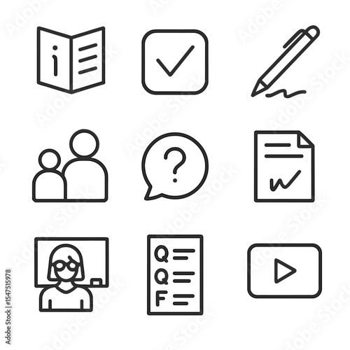 Parental Education Icons. Outline icon set of parental education and consent: information brochure, checkmark box, signature pen,