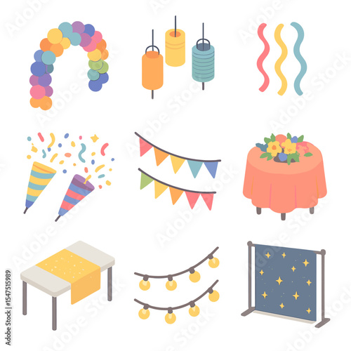 Party Decoration Icons. Isometric Flat icon set of party decoration elements: balloon arch, paper lanterns, streamers, confetti
