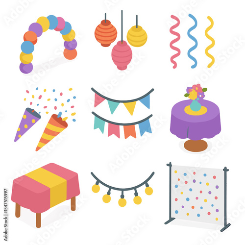 Party Decoration Icons. Isometric Flat icon set of party decoration elements: balloon arch, paper lanterns, streamers, confetti