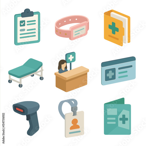 Patient Admission Icons. Isometric Flat icon set of patient admission process: clipboard with form, ID wristband, medical history