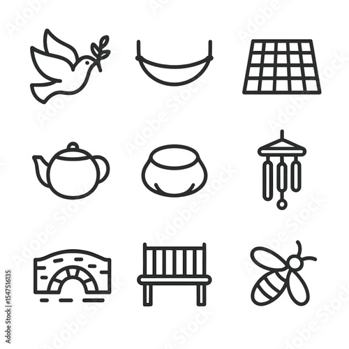 Peaceful Settlement Icons. Outline icon set of peaceful settlement in the Promised Land: dove with olive branch, hammock, picnic