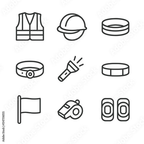 Pedestrian Safety Icon Set. Outline icon set of pedestrian safety gear: reflective vest, safety helmet, high-visibility armband,