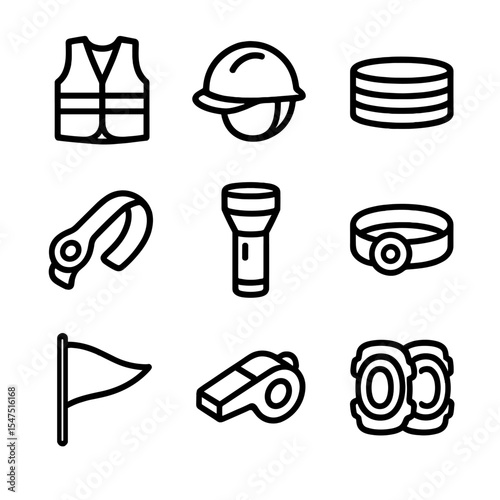 Pedestrian Safety Icon Set. Outline icon set of pedestrian safety gear: reflective vest, safety helmet, high-visibility armband,