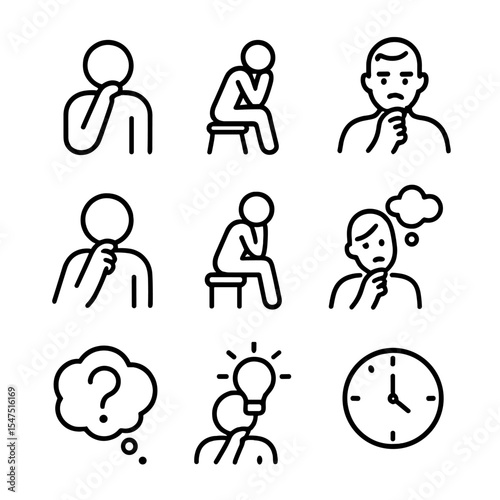 Pensive Icon Set. Outline icon set of pensive thinking poses: hand on chin, elbow on knee, brow furrow, head tilt, sitting stool,