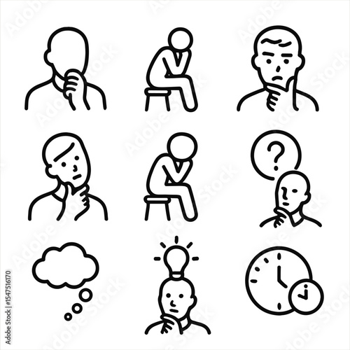 Pensive Icon Set. Outline icon set of pensive thinking poses: hand on chin, elbow on knee, brow furrow, head tilt, sitting stool,