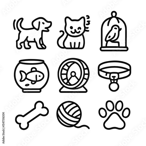 Pet Companions Icon Set. Outline icon set of pets and companionship: wagging dog, purring cat, bird in cage, fish bowl, hamster