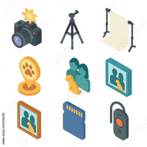 Pet Photo Session Icons. Isometric Flat icon set of family pet photo sessions: camera with flash, tripod, backdrop stand, pet pose