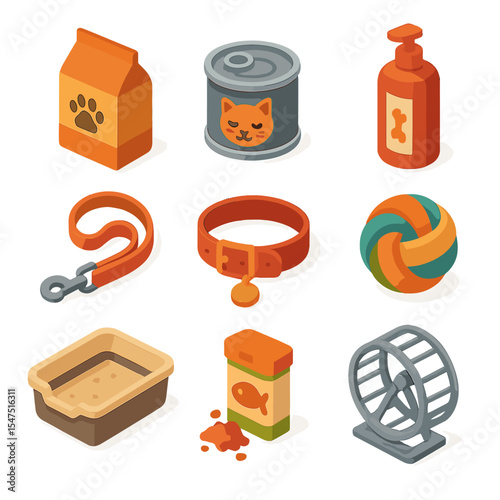 Pet Supplies Icons. Isometric Flat icon set of pet supplies aisle: dog food bag, cat food can, pet shampoo, leash, collar, pet toy