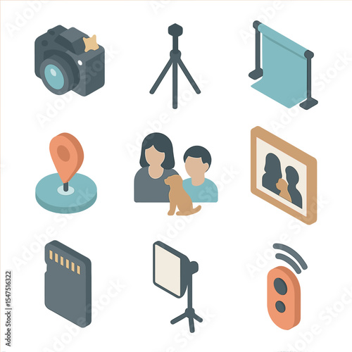 Pet Photo Session Icons. Isometric Flat icon set of family pet photo sessions: camera with flash, tripod, backdrop stand, pet pose