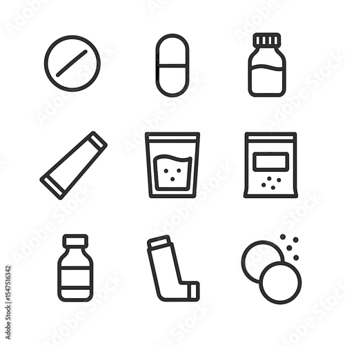 Pharmaceutical Icon Set. Outline icon set of dosage forms: tablet, capsule, liquid suspension bottle, cream tube, gel sachet,