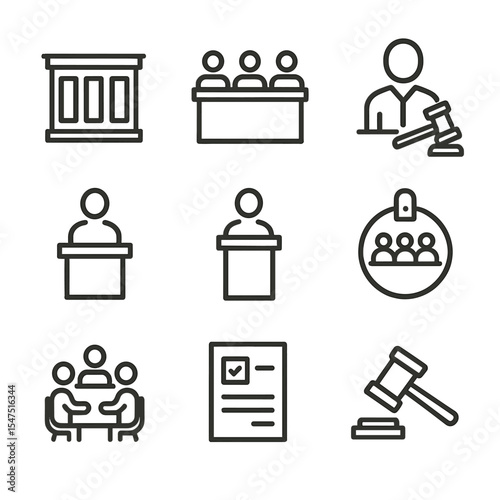 Petit Jury Icons. Outline icon set of petit jury: courtroom bench, seated jurors, judge, witness stand, attorney podium, jury