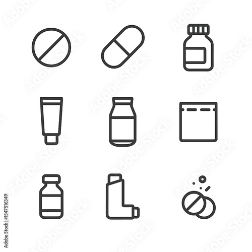 Pharmaceutical Icon Set. Outline icon set of dosage forms: tablet, capsule, liquid suspension bottle, cream tube, gel sachet,